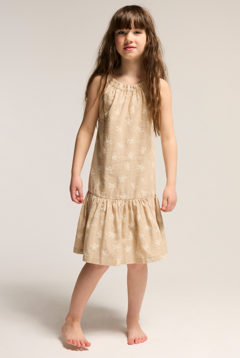 Robe à bretelles en lin imprimé beige Fille 1