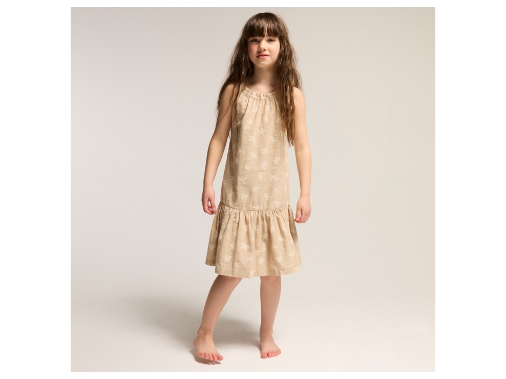 Bedrucktes beiges Trägerkleid aus Leinen für Mädchen 1