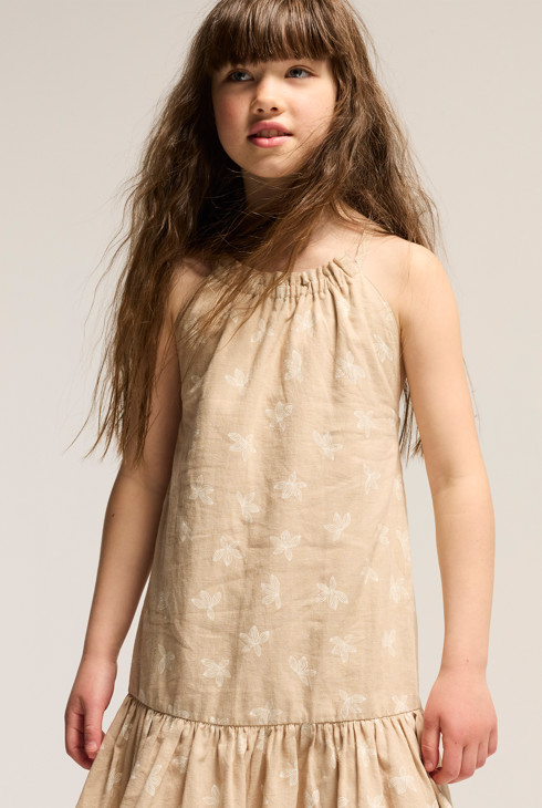 Bedrucktes beiges Trägerkleid aus Leinen für Mädchen 2