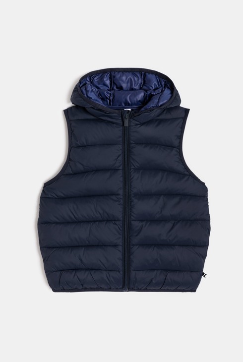 Piumino smanicato con cappuccio blu navy per bambino 2
