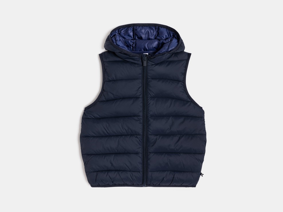 Piumino smanicato con cappuccio blu navy per bambino 2