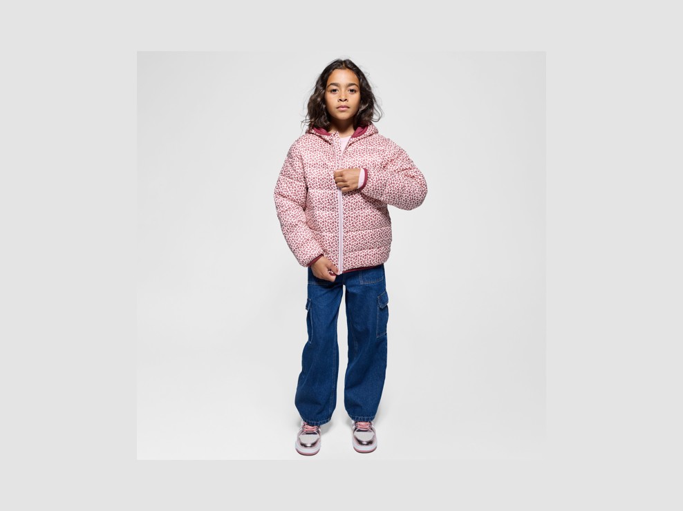 Doudoune à capuche imprimé léopard rose Fille 1