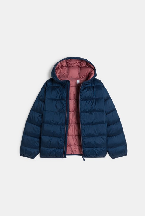 Jednobojna mornarskoplava prošivena pernata jakna s kapuljačom za djevočice 2