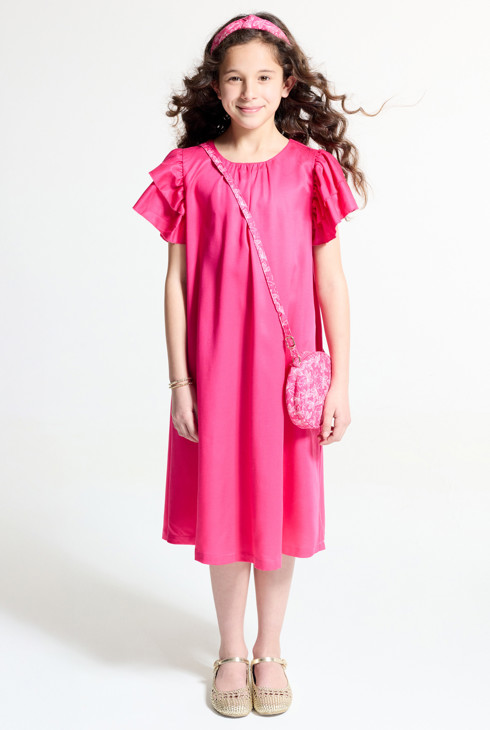 Robe unie à manches courtes volantées rose Fille 1