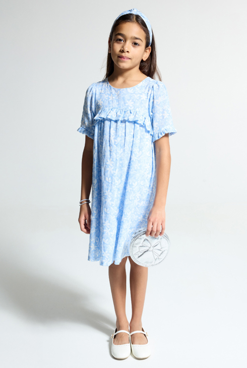 Girl's blue printed ruffled dress 1