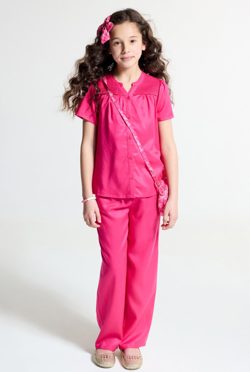 Chemisier manches courtes uni rose Fille 1