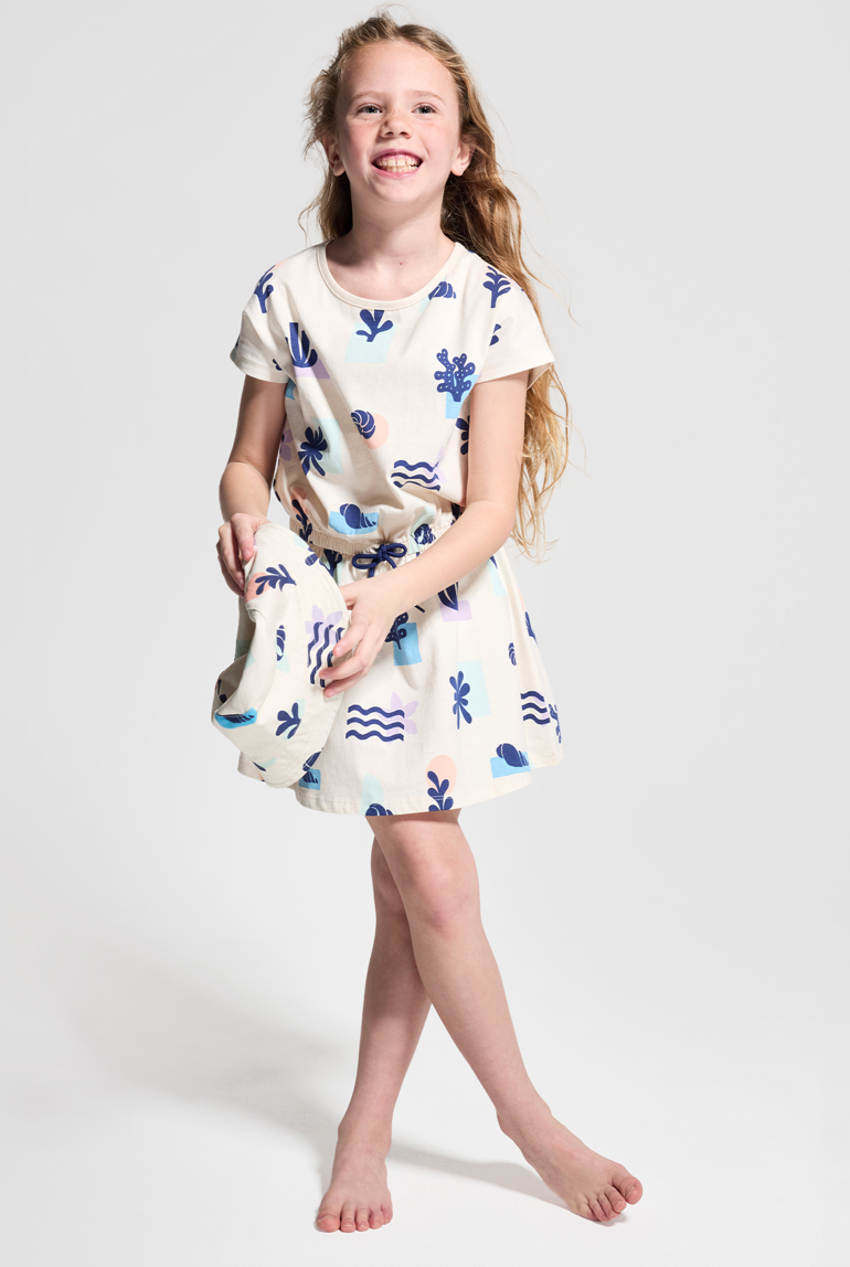 Beiges Sommerkleid aus bedrucktem Jersey für Mädchen 1