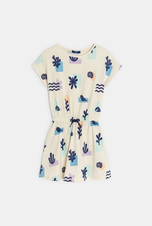 Letnia beżowa sukienka z dżerseju z nadrukiem dla dziewczynki 2