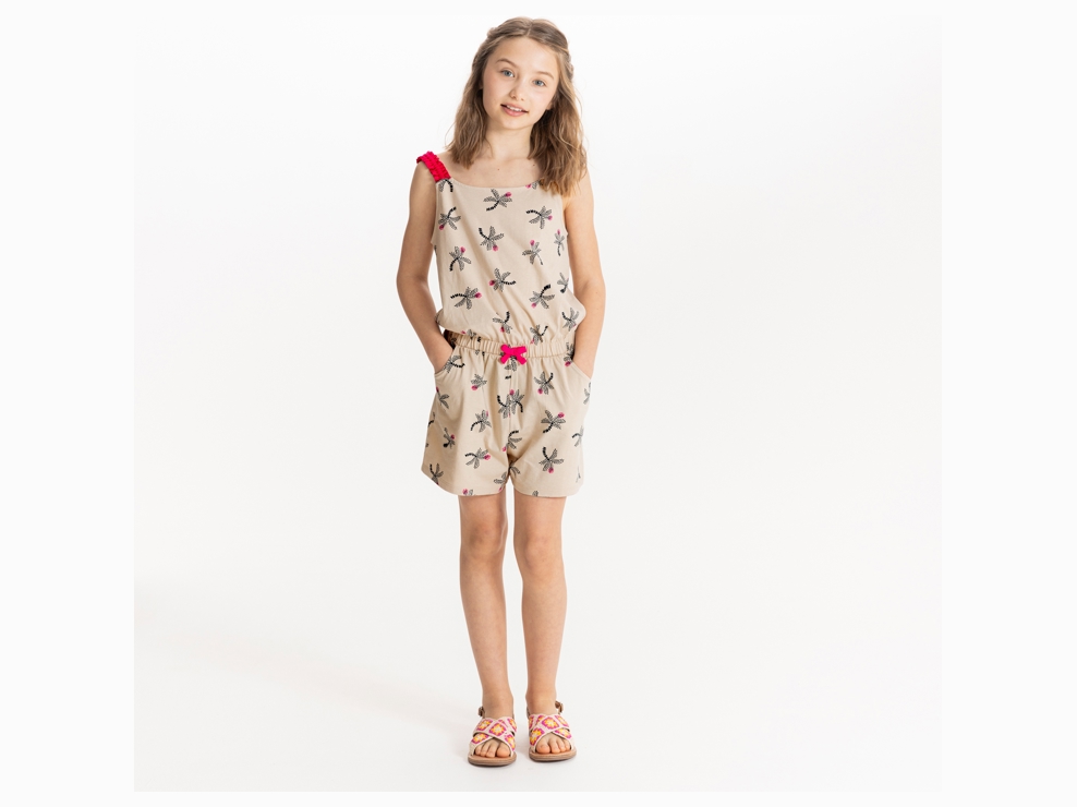 Beige korte jumpsuit met palmprint voor meisjes 1