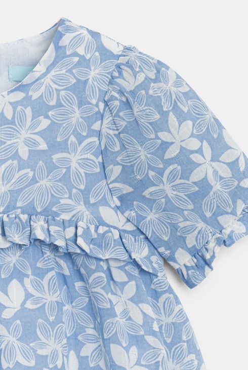 Robe coton et lin fleurie bleu bébé fille