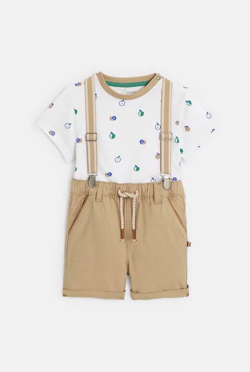 Bermudas con tirantes y camiseta beige bebé niño 1