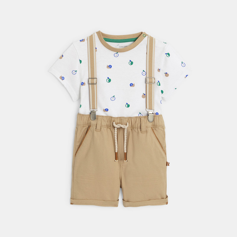 Bermuda-Shorts mit Trägern und T-Shirt beige Kleinkind Junge