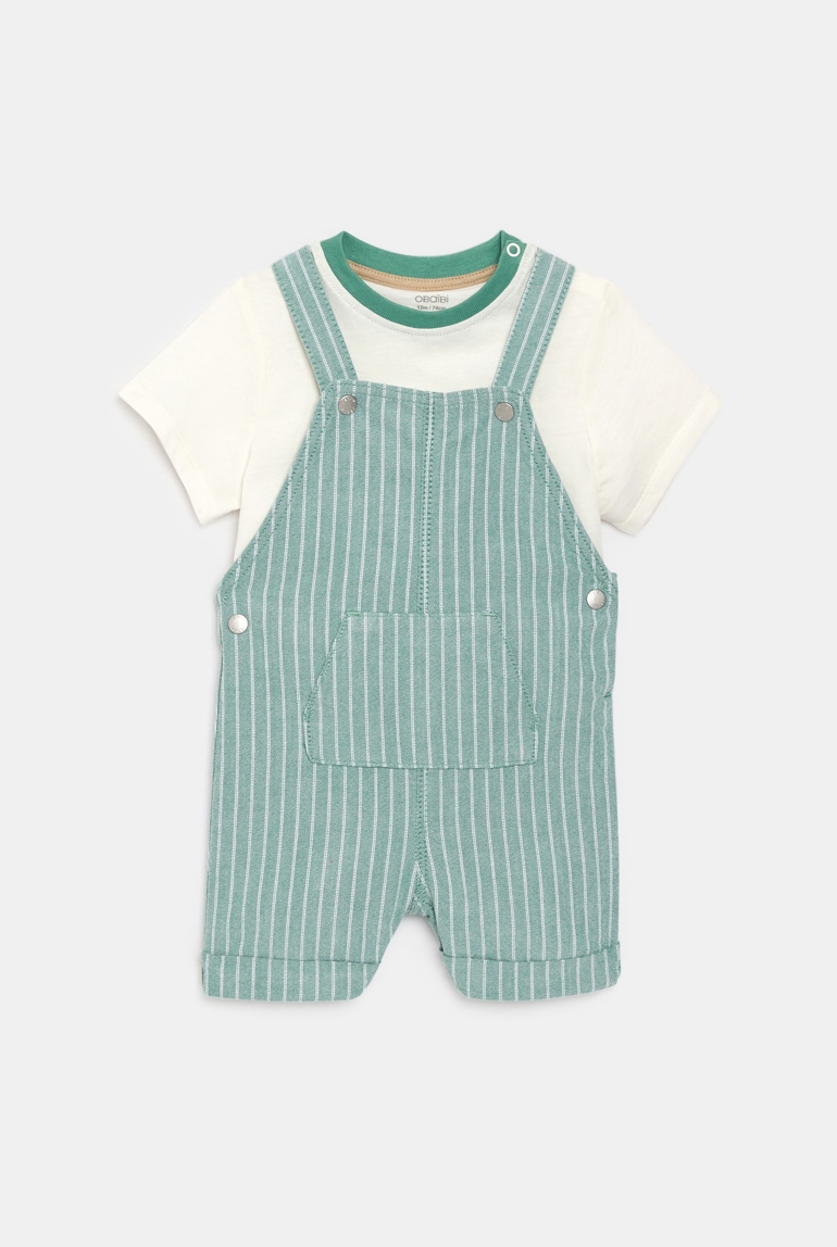 Salopette courte rayée et tee-shirt vert bébé garçon 1