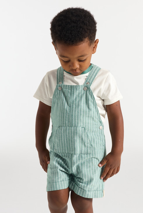Groene korte salopette met strepen en T-shirt voor babyjongens 2