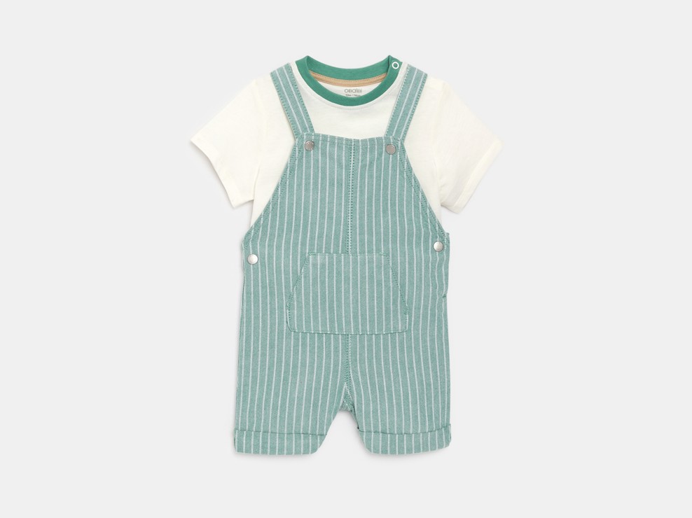 Pantalons de peto curts de ratlles i samarreta verda bebè nen 2