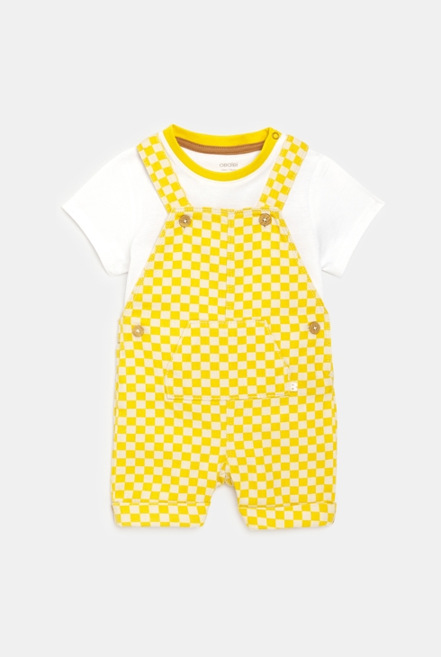 Peto corto de cuadros y camiseta amarillo bebé niño 1