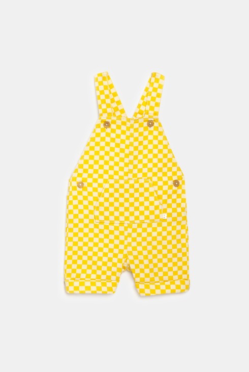 Salopette courte à carreaux et tee-shirt jaune bébé garçon