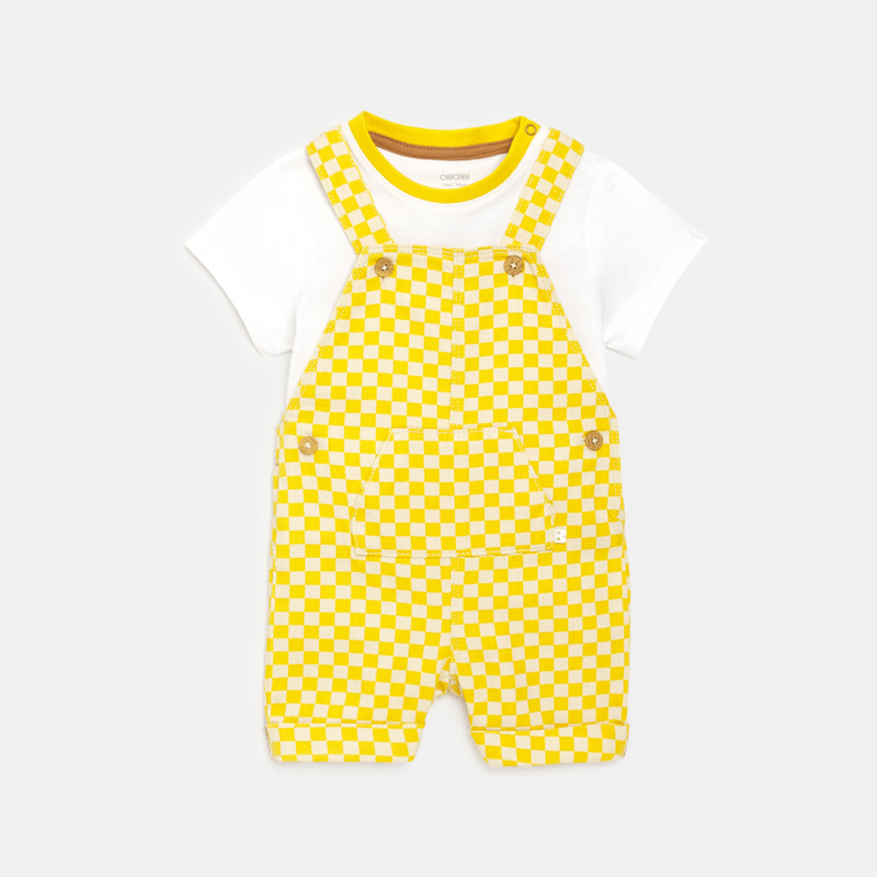 Gelbe kurze Latzhose mit Karos und T-Shirt Kleinkind Junge