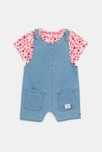 Salopette courte denim et t-shirt fruits bleu bébé fille