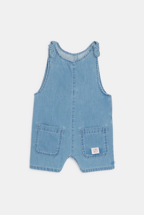 Salopette courte denim et t-shirt fruits bleu bébé fille