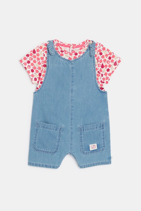 Salopette corta in denim e T-shirt blu con frutti neonata 1