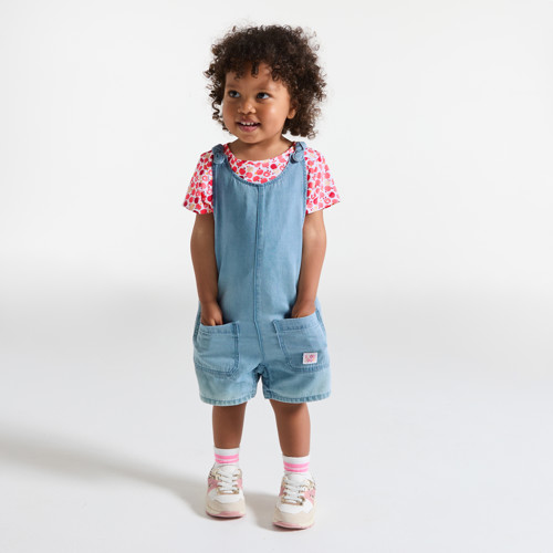 Salopette Courte Denim Et T-shirt Fruits Bleu Bébé Fille - Triple Stone - 12M - OBAIBI