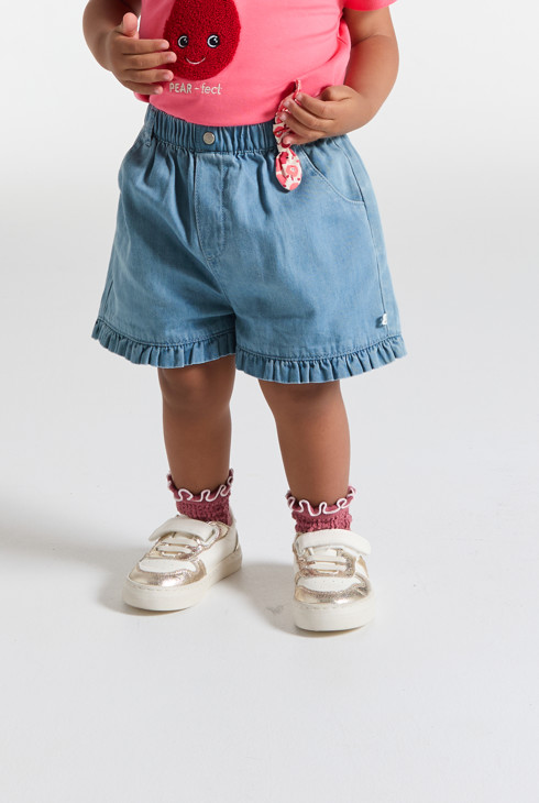 Blauwe short van tencel met ruche voor babymeisjes 2