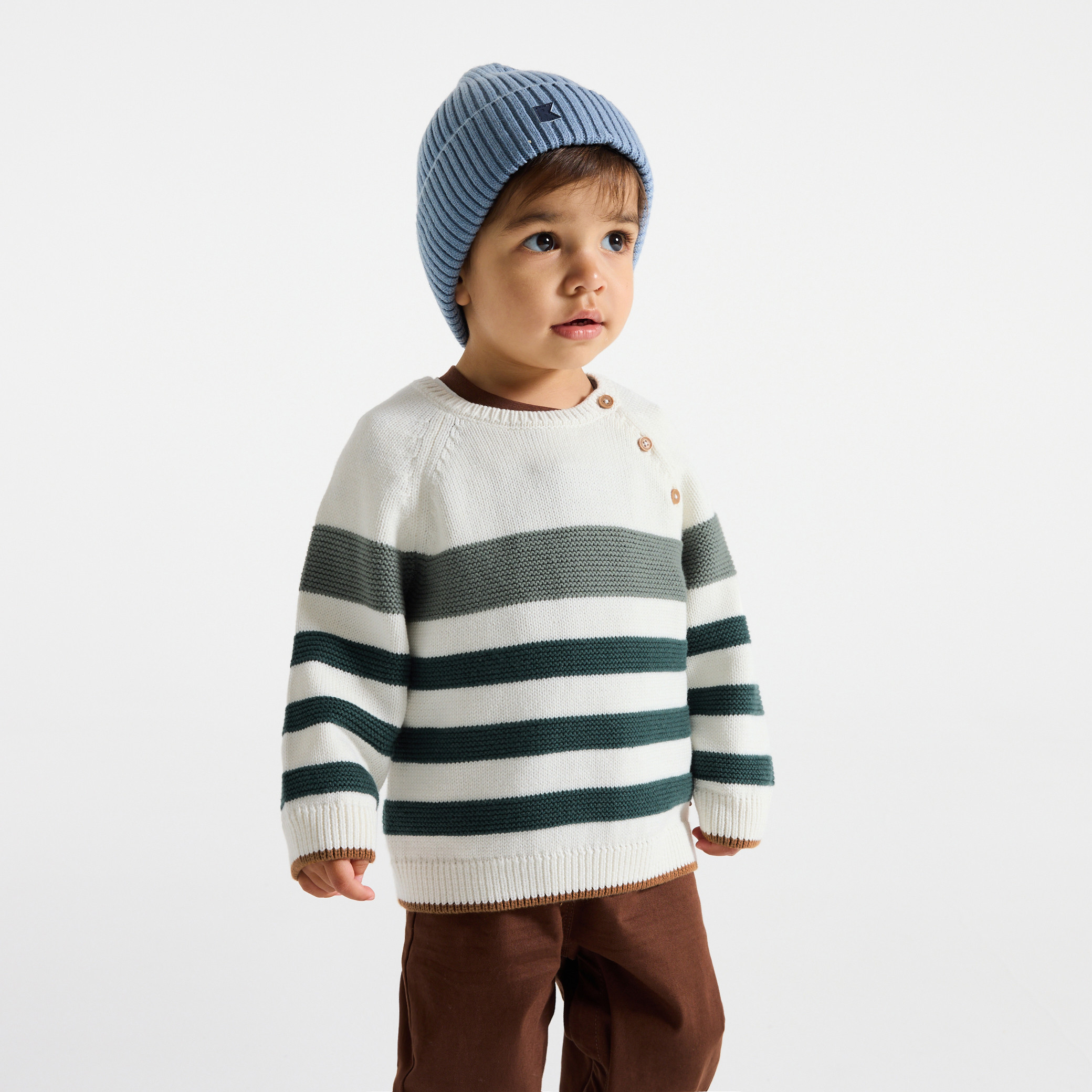 Pull maille tricot rayé marron bébé garçon - Rayures vert