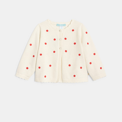 Gilet Maille Tricot Fleurs Brodées Blanc Bébé Fille - Blanc Écru - 6M - OBAIBI