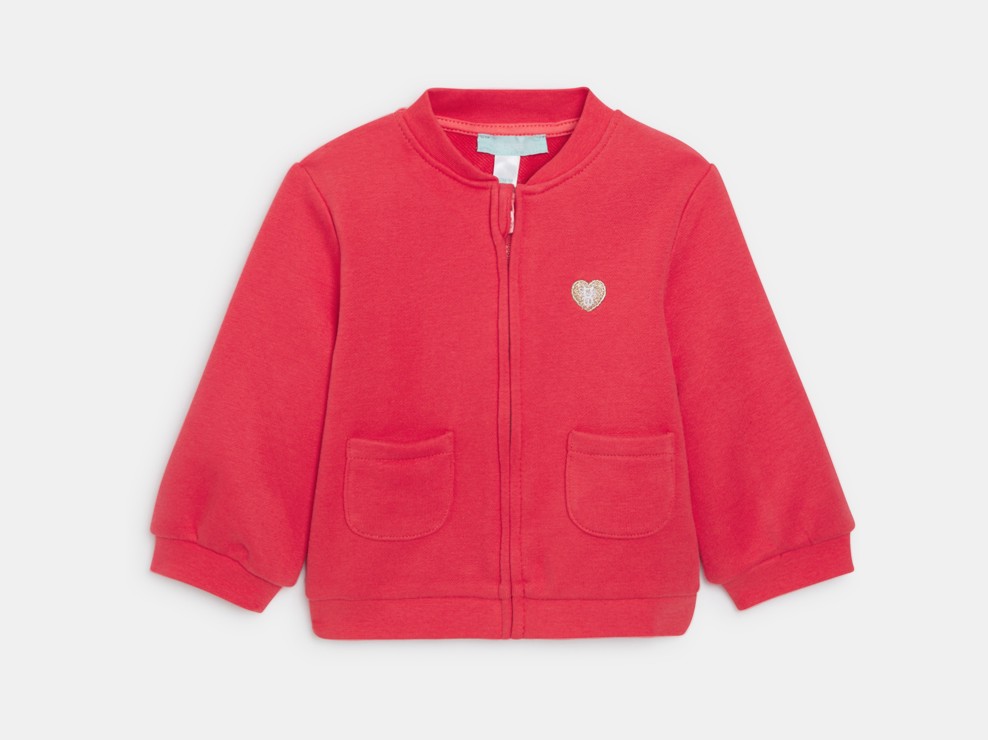 Felpa rossa con zip in tessuto felpato per neonata 1