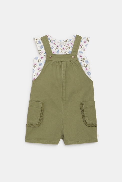 Peto corto y camiseta de flores verde caqui bebé niña 1