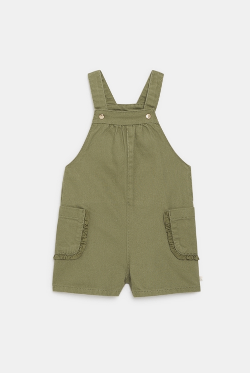 Salopette courte et tee-shirt fleuri vert kaki bébé fille
