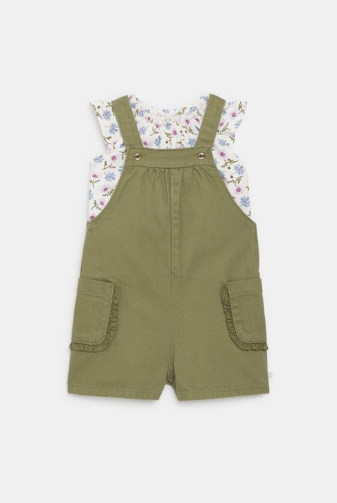 Kurze Latzhose und T-Shirt geblümt khakigrün Kleinkind Mädchen 2