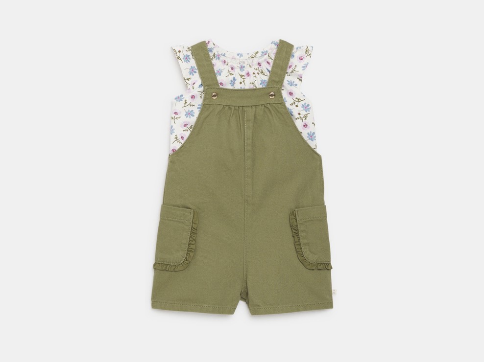 Kurze Latzhose und T-Shirt geblümt khakigrün Kleinkind Mädchen 2