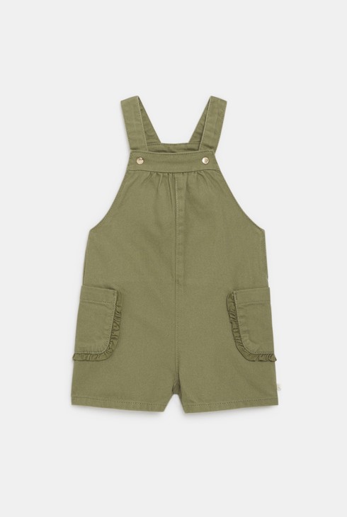 Salopette courte et tee-shirt fleuri vert kaki bébé fille