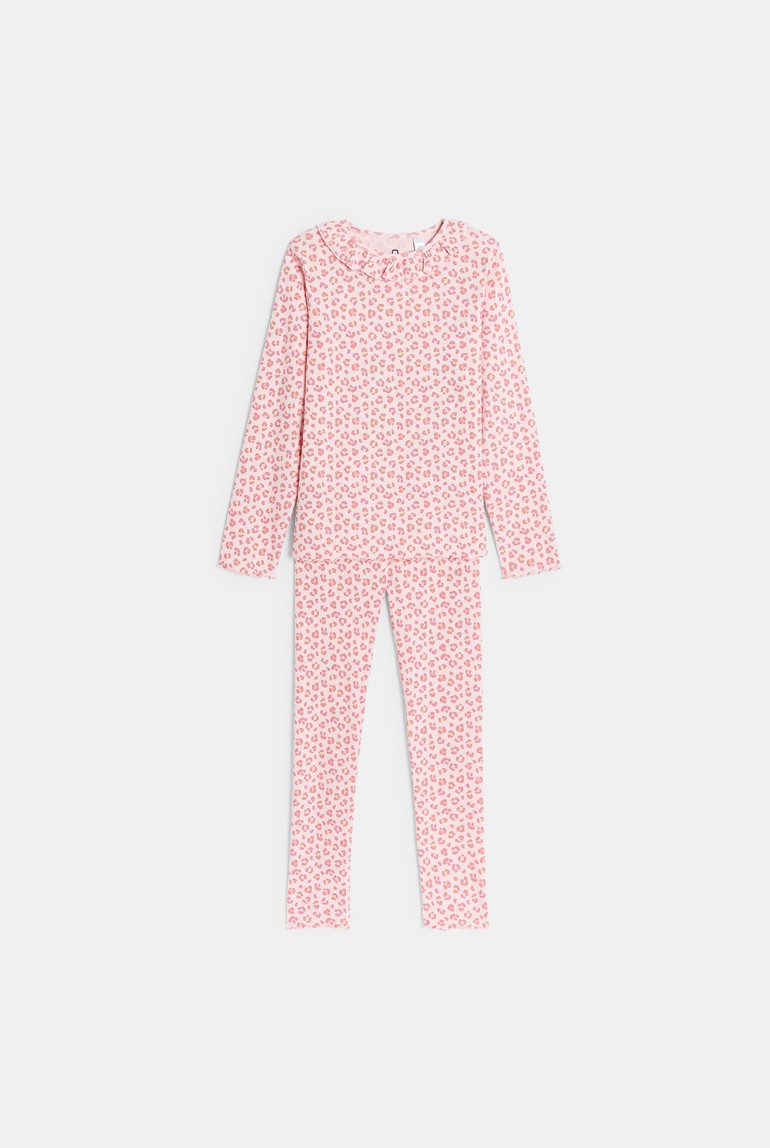 Pijama de canalé de punto jersey de 2 piezas leopardo rosa 1