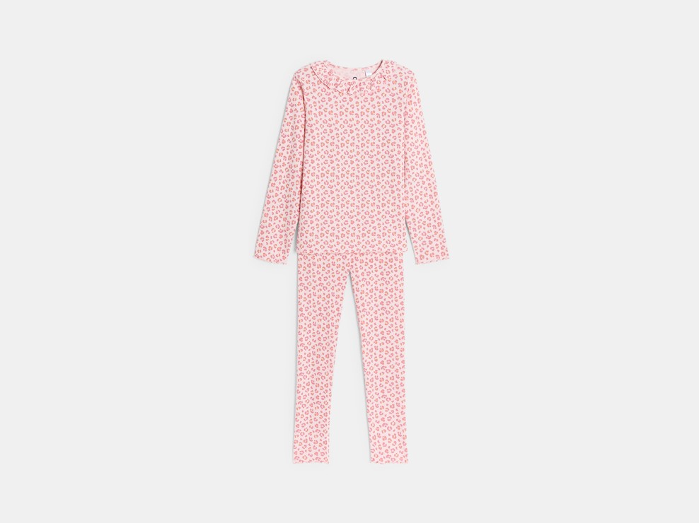 Roze tweedelige pyjama van geribde jersey met luipaard 2