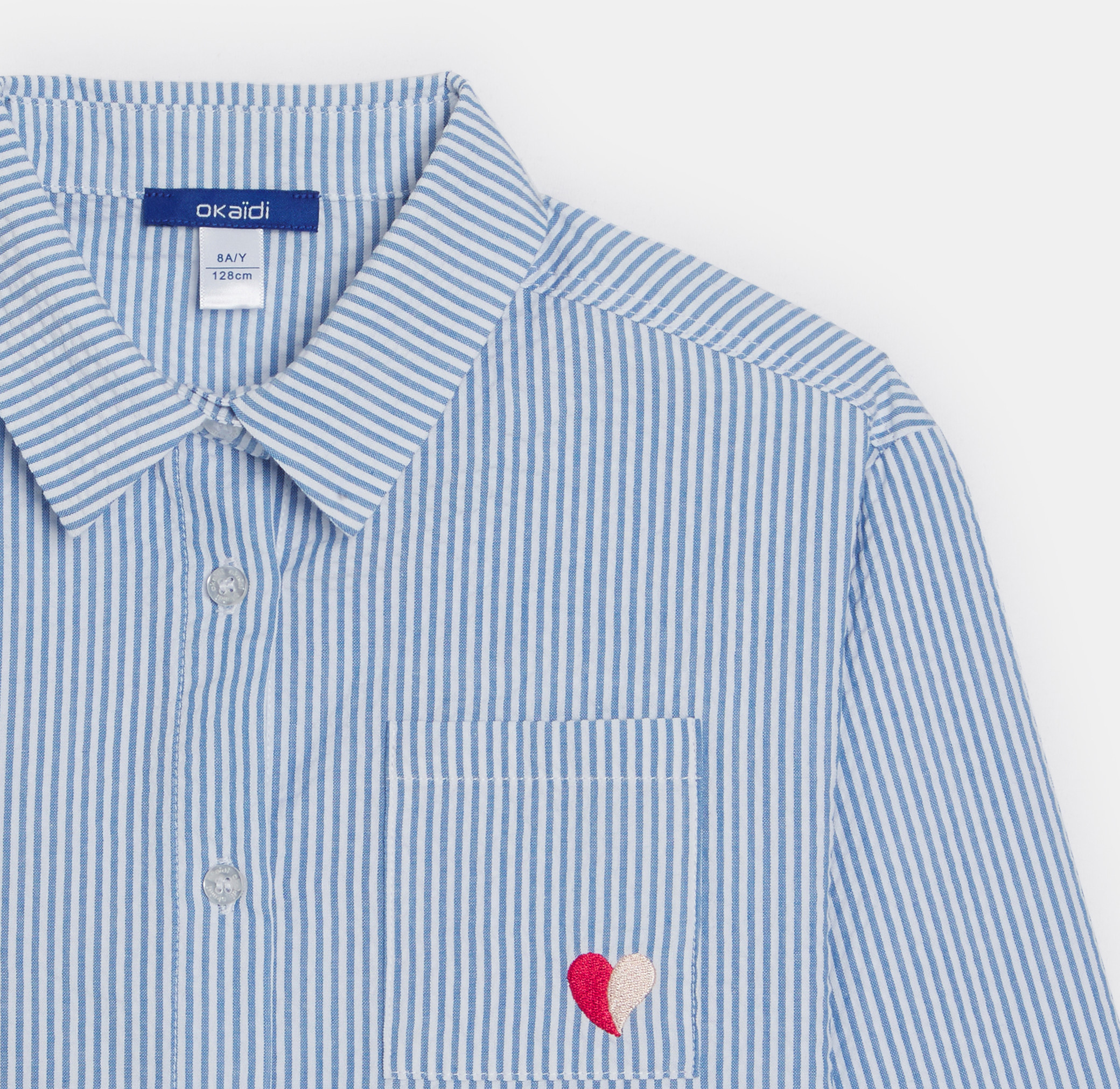 Chemise rayée motif cœur brodé bleu Fille