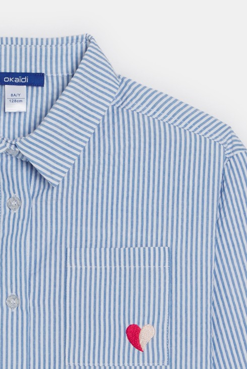 Chemise rayée motif cœur brodé bleu Fille