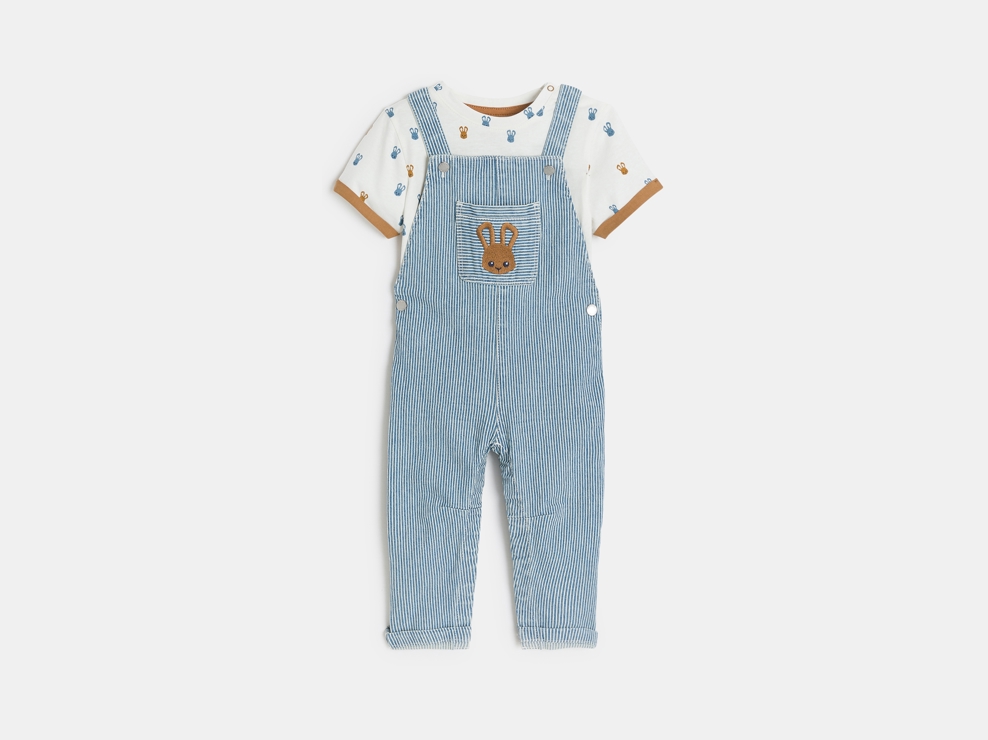 Salopette longue rayée et t-shirt lapin bleu bébé garçon 1