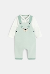 Salopette longue coton fantaisie rayé et body vert bébé garçon