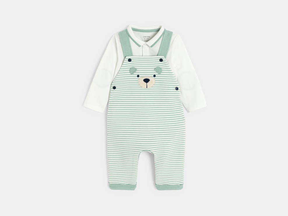 Salopette longue coton fantaisie rayé et body vert bébé garçon 1