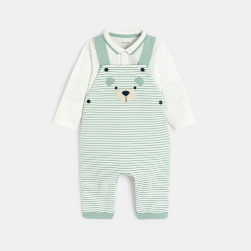 Salopette Longue Coton Fantaisie Rayé Et Body Vert Bébé Garçon - Rayures Vert - 0M - OBAIBI