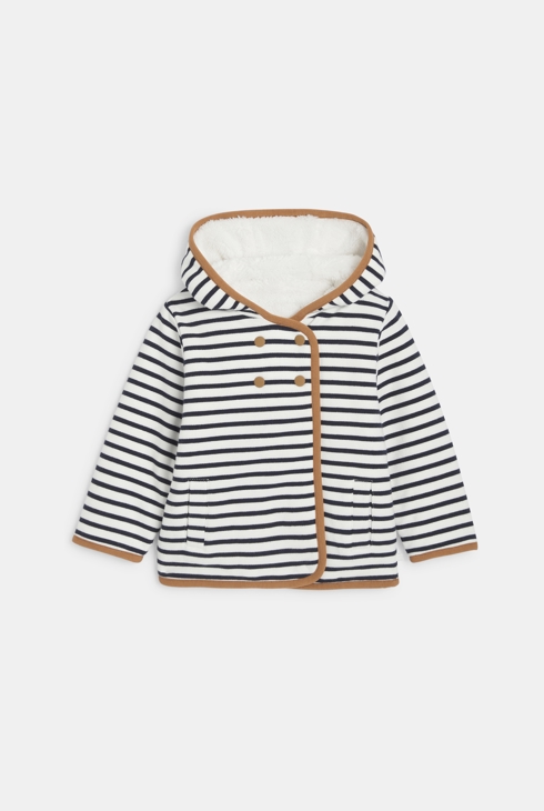 Cappotto double face blu a righe pellicciotto per neonato 1