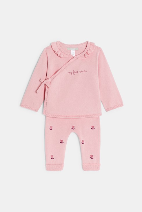 Pull et pantalon maille tricot fleurs rose bébé naissance fille