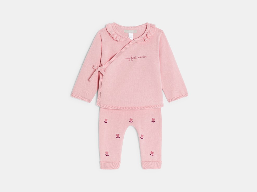 Pull et pantalon maille tricot fleurs rose bébé naissance fille 1
