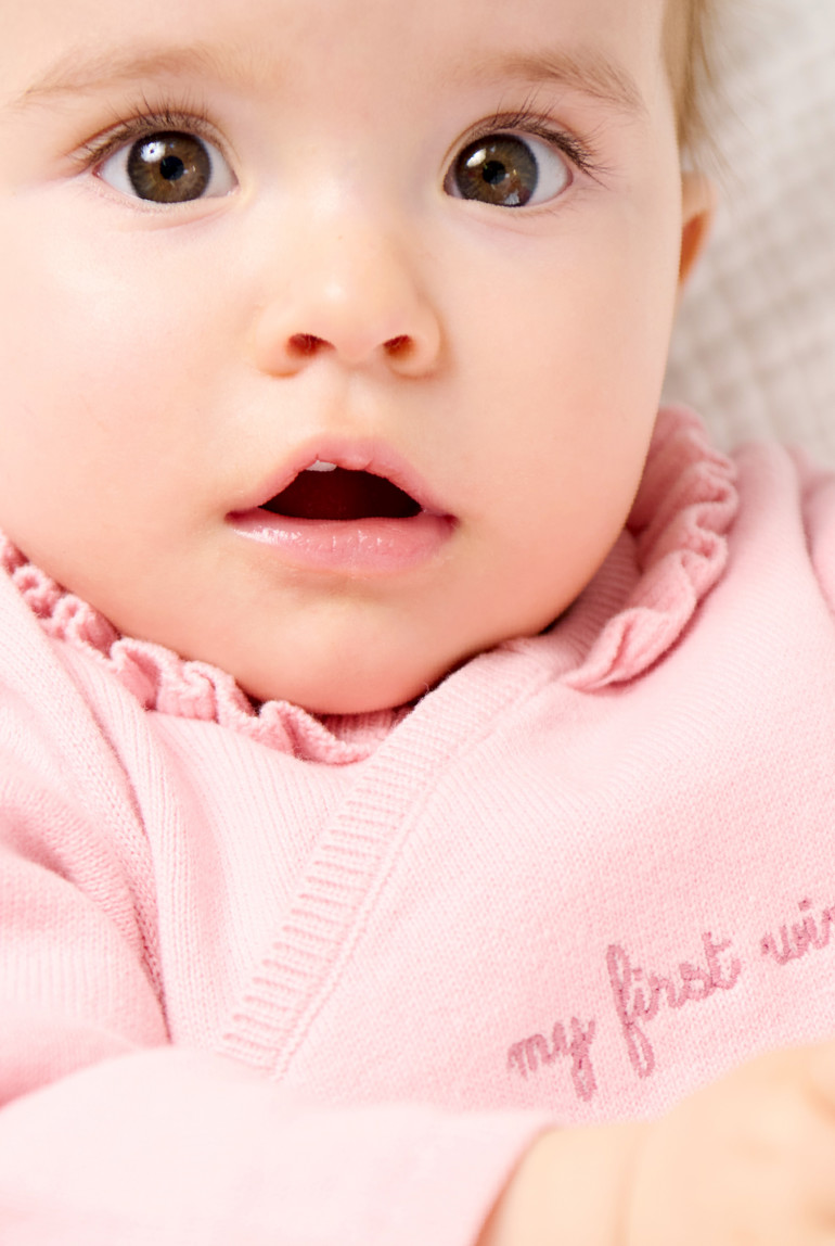 Pull et pantalon maille tricot fleurs rose bébé naissance fille 1