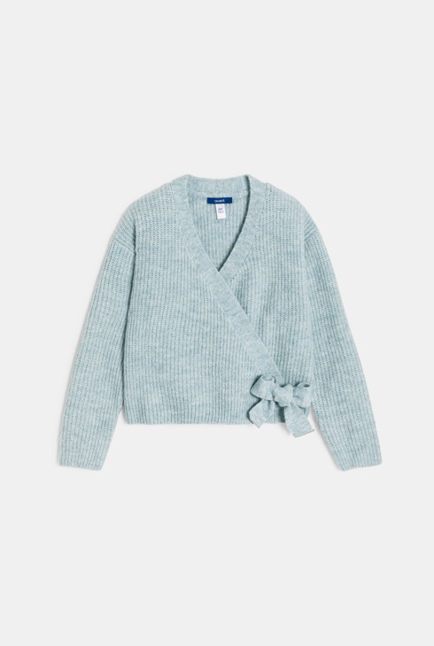 Cárdigan cruzado de punto de canalé azul niña 1