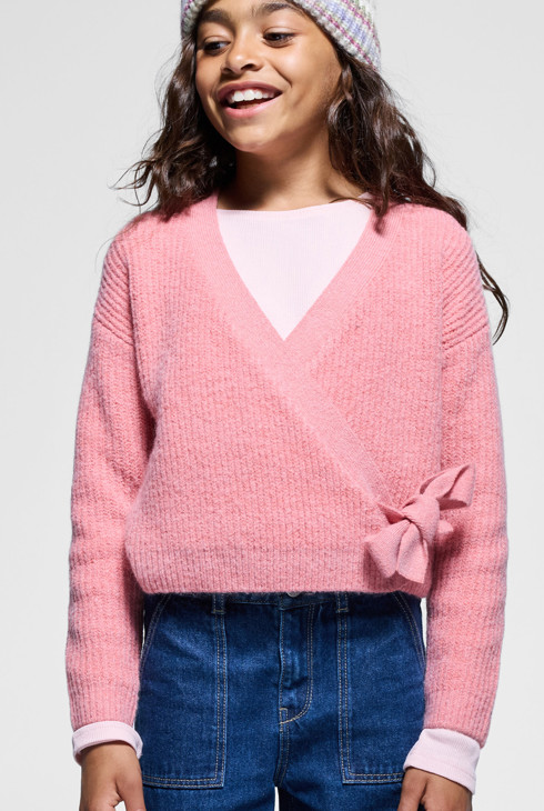 Roze overslagtrui van ribtricot voor meisjes 2