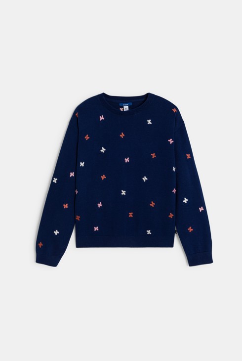 Pull brodé papillon fille bleu 1